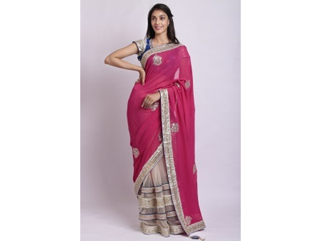 Traditional Elegant Hot Pink and off white colour Saree with heavy Gotta Patti work - 1/4