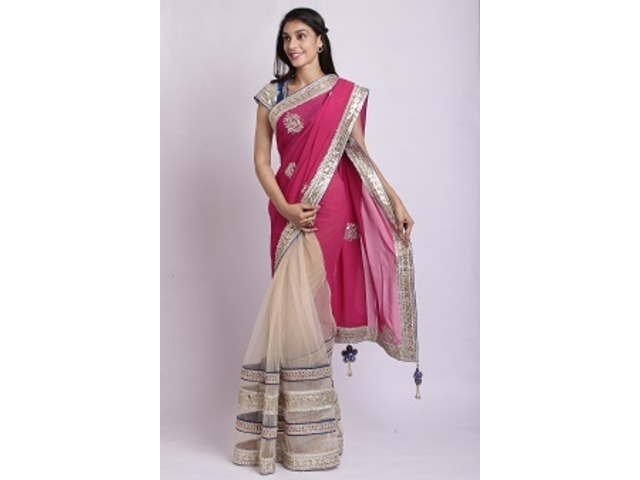 Traditional Elegant Hot Pink and off white colour Saree with heavy Gotta Patti work - 2/4