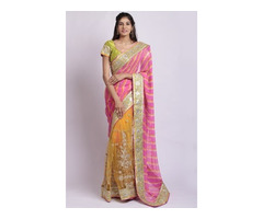 Beautiful Georgette Hot pink Lahariya n Yellow Net saree with Silver beads work - Image 1/4