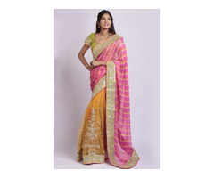 Beautiful Georgette Hot pink Lahariya n Yellow Net saree with Silver beads work - Image 2/4