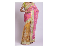 Beautiful Georgette Hot pink Lahariya n Yellow Net saree with Silver beads work - Image 4/4