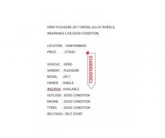 HERO PLEASURE 2017 MODEL,ALLOY WHEELS, INSURANCE LIVE,GOOD CONDITION,  LOCATION. : VANIYAMBADI